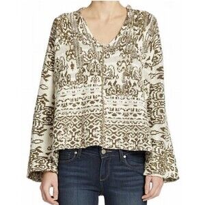 Free People Raggy V Neck Ivory/Green Hooded Coastal Girl Bohemian Sweater Sz S